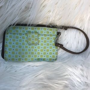 Brown and blue wristlet.